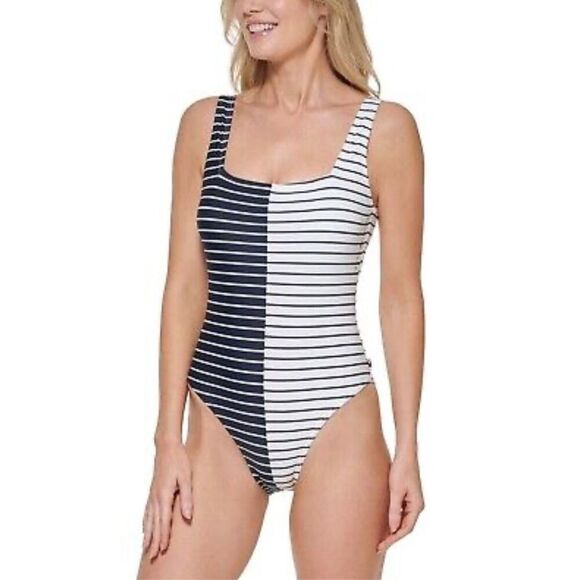 Tommy Hilfiger Sail Away Split-Stripe One-Piece Swimsuit Navy/White 16 - Picture 1 of 15